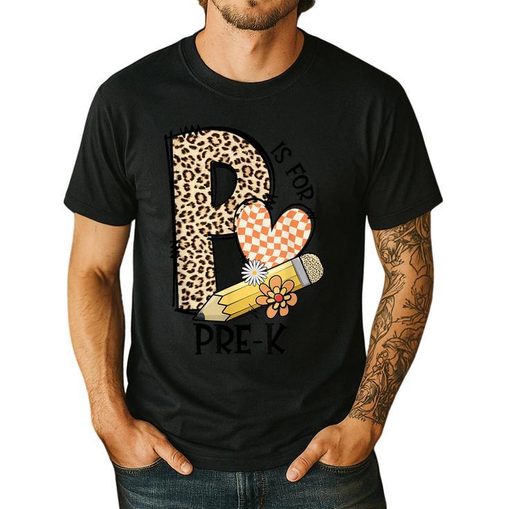P Is For Pre K Teacher Leopard First Day Of School For Men Women Girls Kids Men's Casual T-Shirt