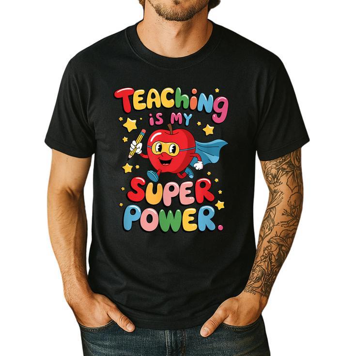 Retro Teaching Is My Superpower Apple Teacher Appreciation Men's Casual T-Shirt