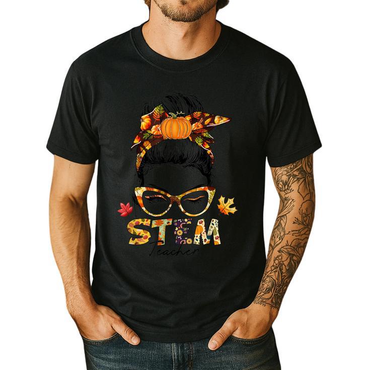 STEM Teacher Messy Bun Fall Vibes Autumn Thanksgiving Men Women Men's Casual T-Shirt