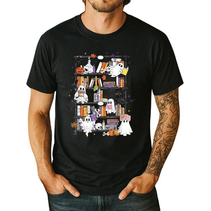 Teacher Library Ghost Reading Book Halloween Cat Men's Casual T-Shirt