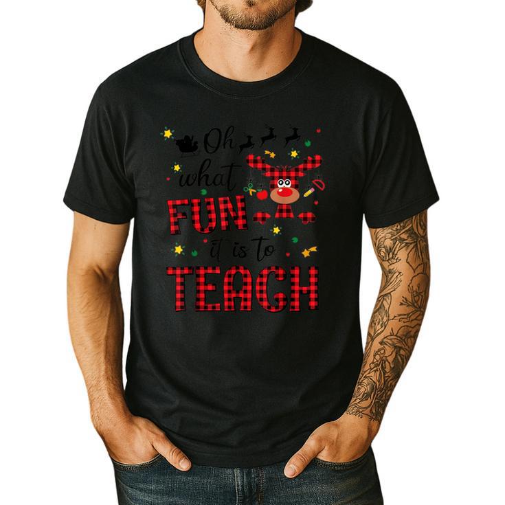 Teachers Oh What Fun It Is To Teach Cute Red Plaid Reindeer Men's Casual T-Shirt
