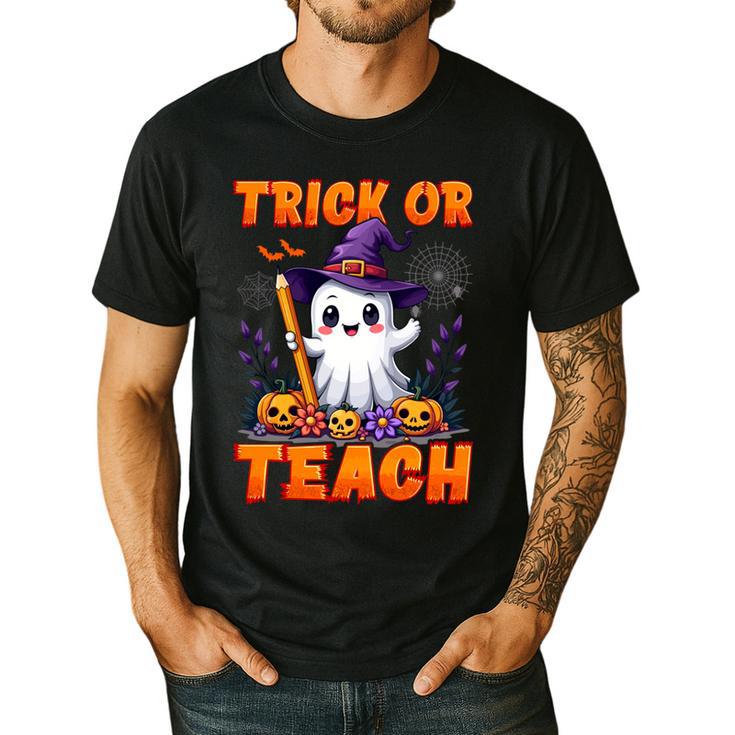 Trick Or Teach Teacher Halloween Ghost Pencil Floral Men's Casual T-Shirt