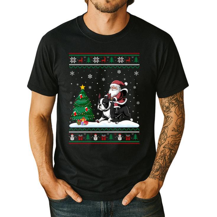 Ugly Christmas Tree Lights Xmas Santa Riding Boston Terrier Men's Casual T-Shirt