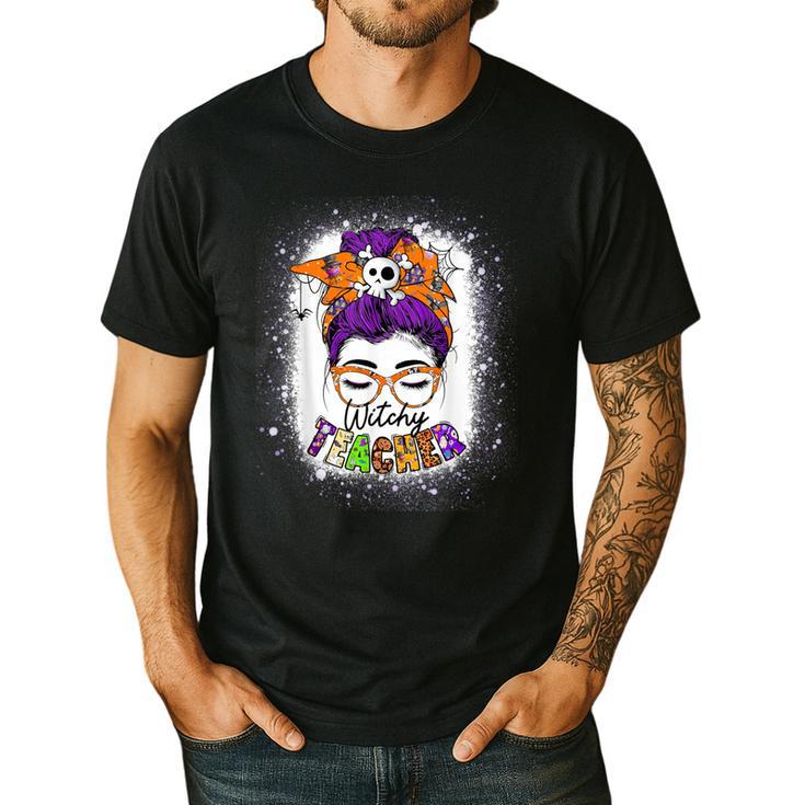 Witchy Teacher Halloween Messy Bun Teacher Bleached Men's Casual T-Shirt