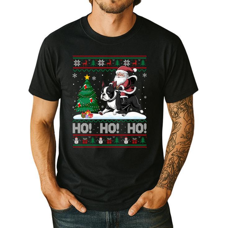 Xmas Tree Lighting Santa Riding Boston Terrier Christmas Men's Casual T-Shirt
