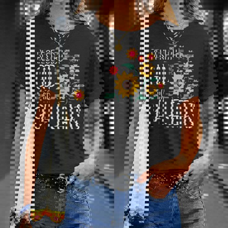 94歳の神に祝福され 可愛いひまわり 94歳の誕生日 長袖tシャツ Tシャツ 彼女への贈り物