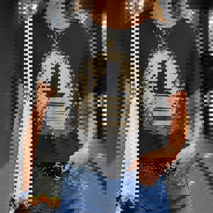 Cute Cat Sitting On Books With Mushrooms Cottage Core T-Shirt Gifts for Her