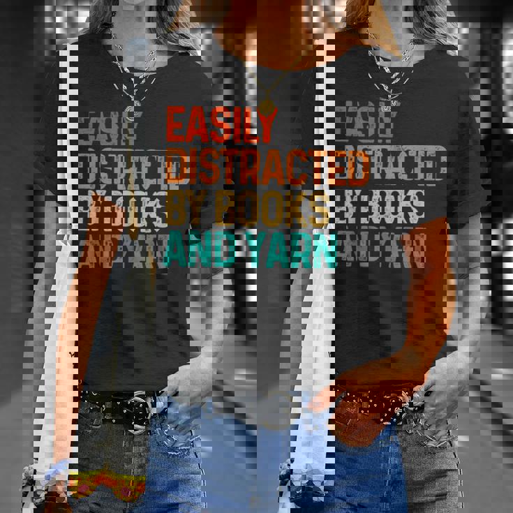 Easily Distracted By Books And Yarn Knitting T-Shirt Gifts for Her