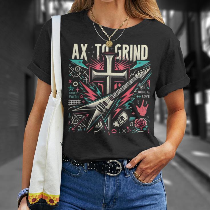 Edgy Christian Cross Ax To Grind Metal Guitarist Distressed T-Shirt ...