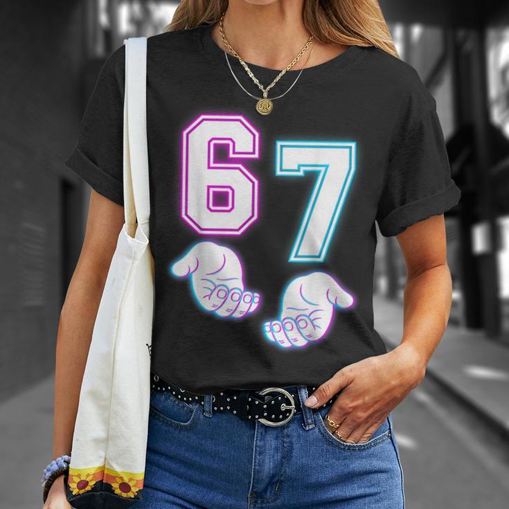 Six Seven 6 7 Meme Gen Alpha Slang 6 7 Glowing Hands T-Shirt - Seseable