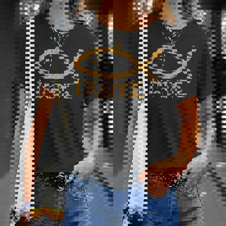 Ichthys イエス・キリスト 神の息子 救世主 古代魚のシンボル Tシャツ 彼女への贈り物