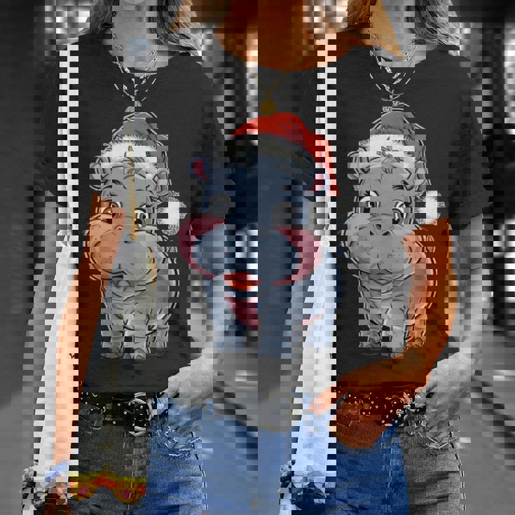 Joli Petit Hippopotame Chapeau De Père Noël Coloré Amusant Manche Longue T-Shirt Cadeaux pour elle