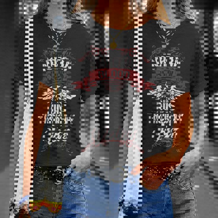 Norton Blood Runs Through Myeins 苗字 Family Tシャツ 彼女への贈り物