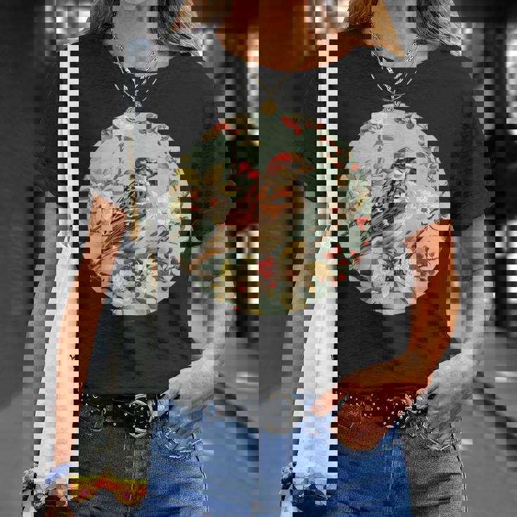 かわいい花のスズメの花の家のスズメ。 Tシャツ 彼女への贈り物