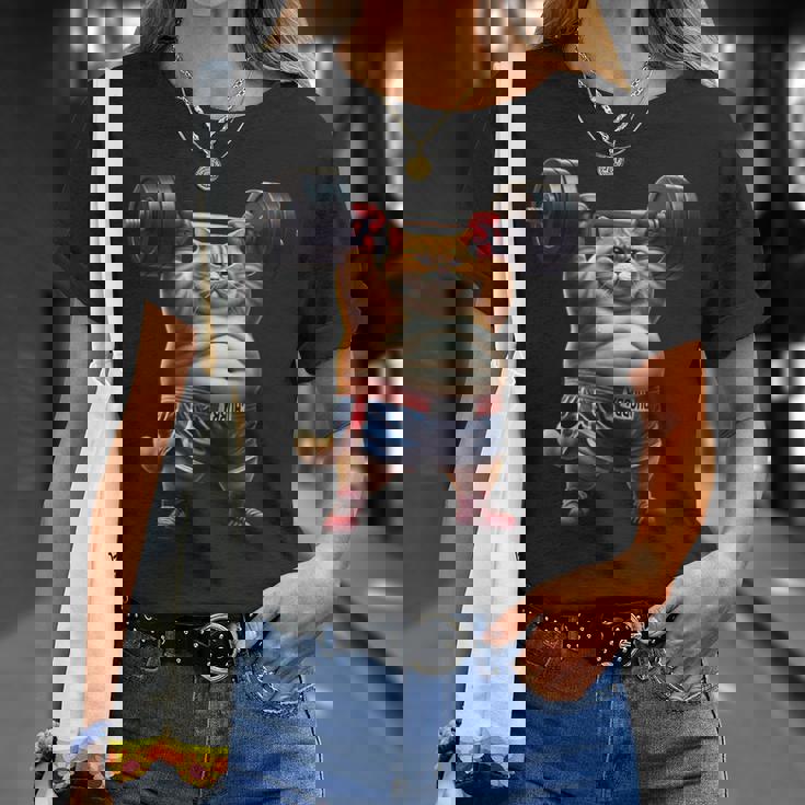 ギャグ ぽっちゃり猫 筋トレ ウエイトリフティング ジム 面白い グラフィック猫ミーム Tシャツ 彼女への贈り物