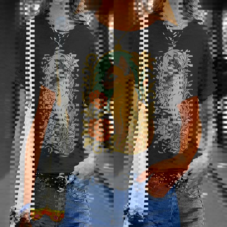 エレガントなガーデンフローラルに囲まれたヴィンテージシャム猫 Tシャツ 彼女への贈り物