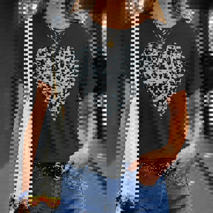 グレーとブラック ヒョウ柄 アニマルプリント ハート Tシャツ 彼女への贈り物