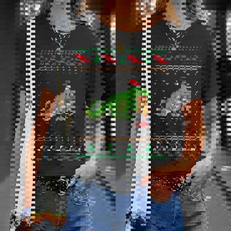 サンタ T-Rex 食べるトナカイ恐竜 アグリークリスマスセーター Tシャツ 彼女への贈り物