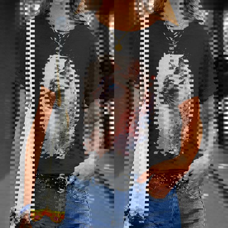 シャム猫 日本の桜 花柄 水彩 猫 Tシャツ 彼女への贈り物