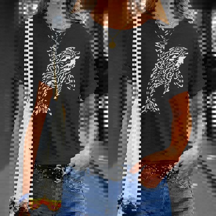 トライバル シャチ クジラ ハワイアン マオリ タトゥー オーシャン アート デザイン Tシャツ 彼女への贈り物