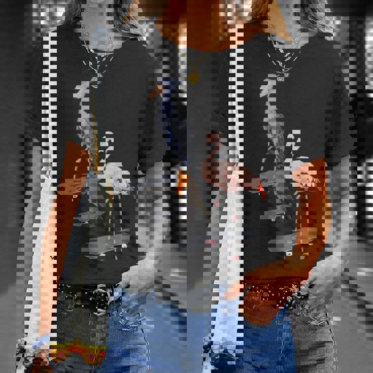 ハシビロコウ フラミンゴ スケートボード 鳥 動物 図 バードウォッチング 贈り物 鳥類学者 生物学者 自然科学 Tシャツ 彼女への贈り物