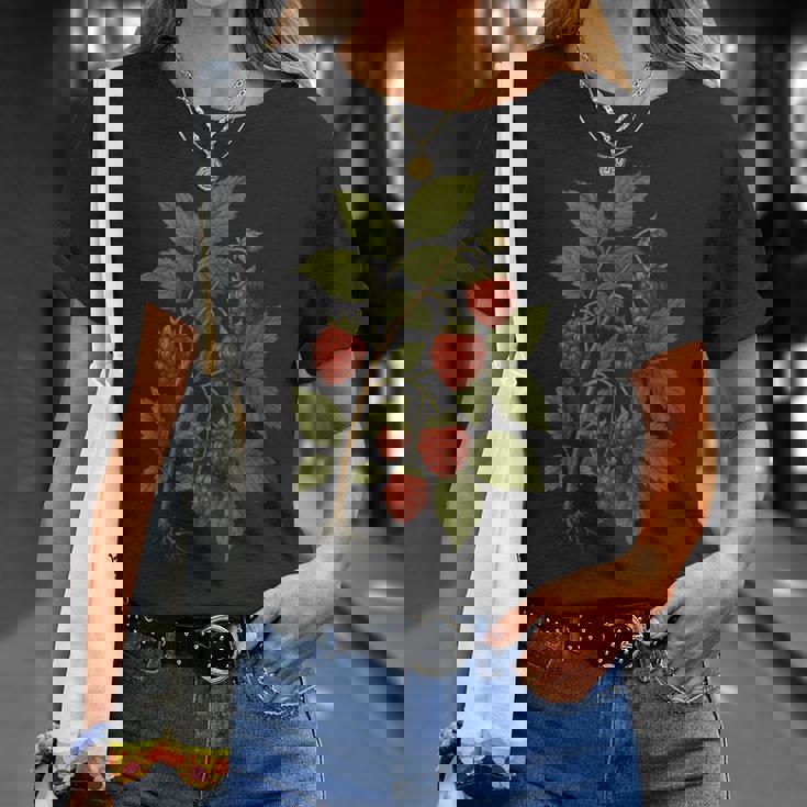 ビンテージボタニカルラズベリー自然アートプリント。 Tシャツ 彼女への贈り物