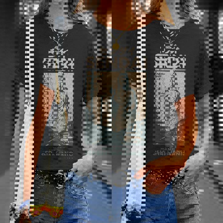 ビンテージ仙台大観音日本観光ポスター 長袖tシャツ Tシャツ 彼女への贈り物