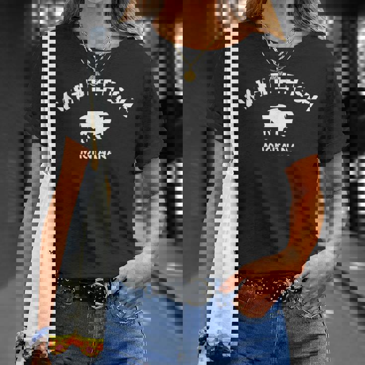 ホワイトフィッシュモンタナバッファロー-ビッグスカイカントリーバイソンアメリカ Tシャツ 彼女への贈り物