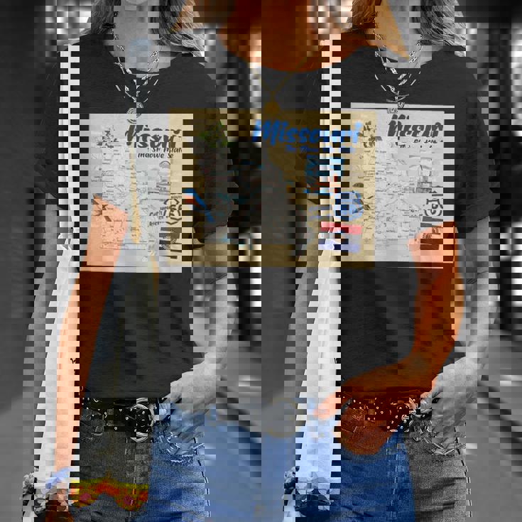 ミズーリ州、マップフラッグアーチブルーバードフラワーランドマーク Tシャツ 彼女への贈り物