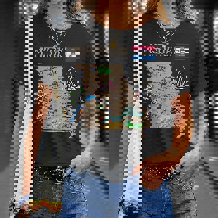 ミズーリ州のランドマーク、主要都市、道路、旗の地図 Tシャツ 彼女への贈り物