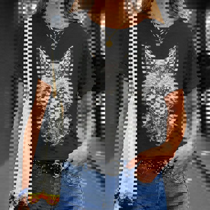 メカニカルきつね 近未来デザイン 長袖tシャツ Tシャツ 彼女への贈り物