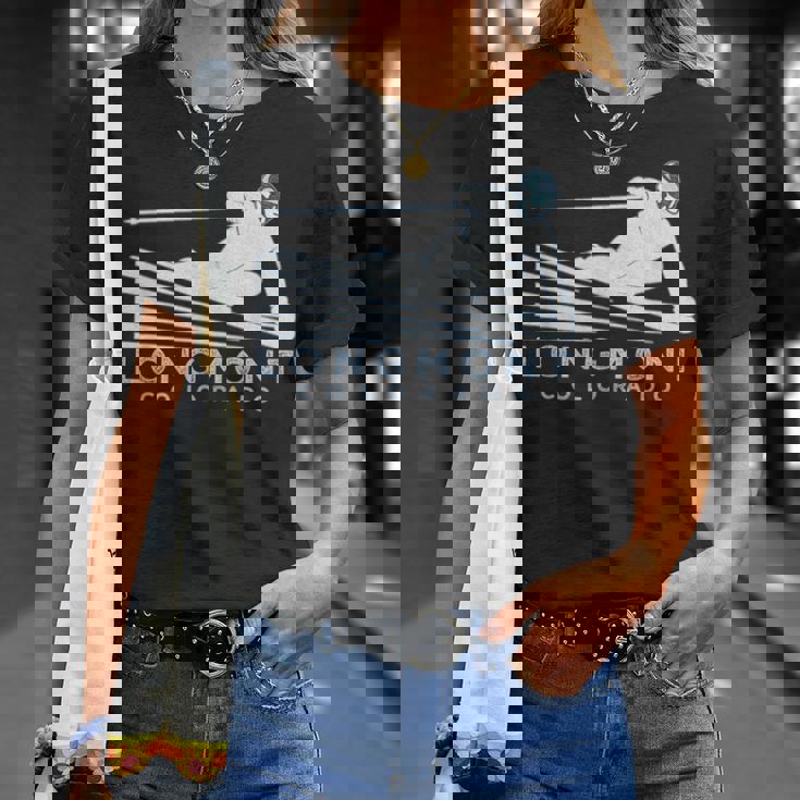 レトロ スキー ロングモント コロラドイラスト ヴィンテージ スノー スキー Tシャツ 彼女への贈り物