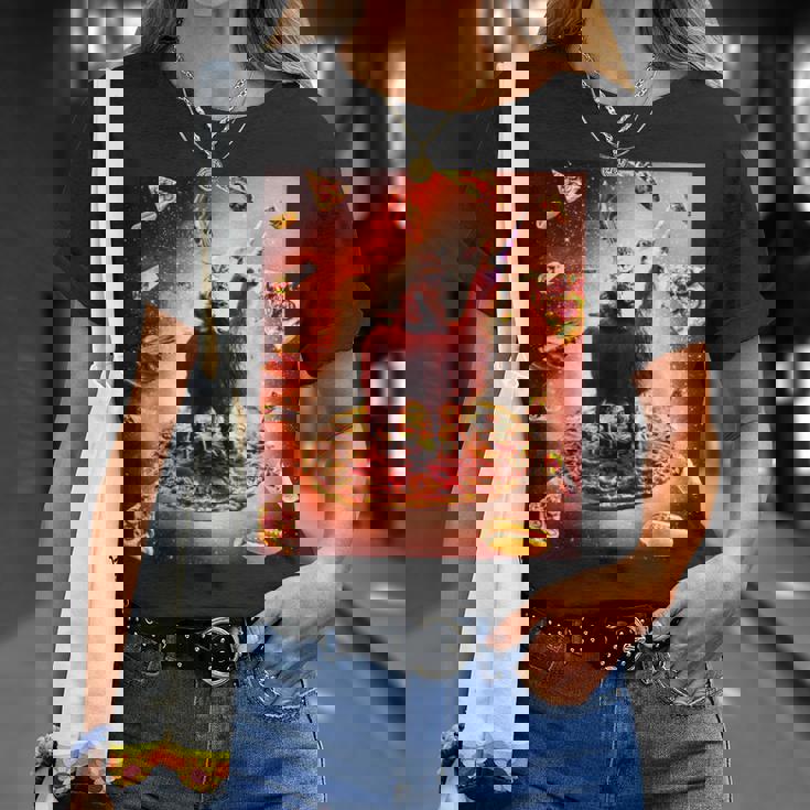 宇宙 猫 ライディング ラマ ユニコーン ピザ Tシャツ 彼女への贈り物