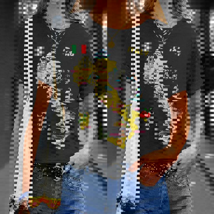 手描きのイタリア地図 観光地 Tシャツ 彼女への贈り物