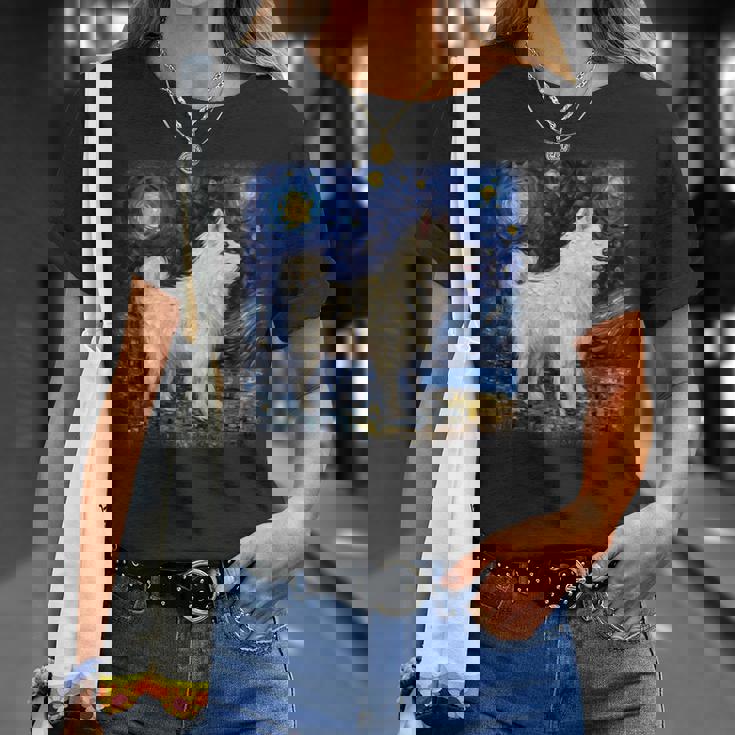 星月夜の犬 ヴァン・ゴッホ サモエド Tシャツ 彼女への贈り物