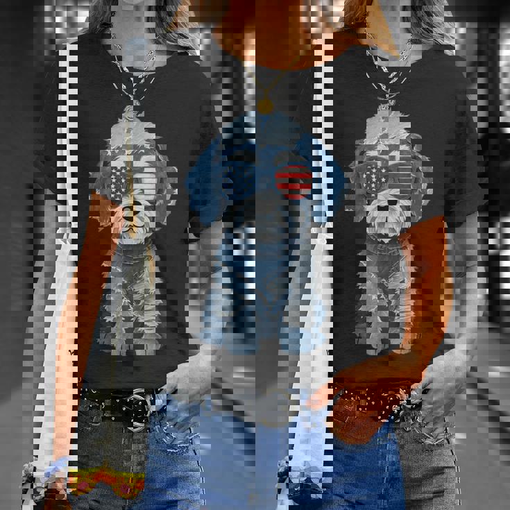 犬 柄 デニム パッチワーク アート Tシャツ 彼女への贈り物