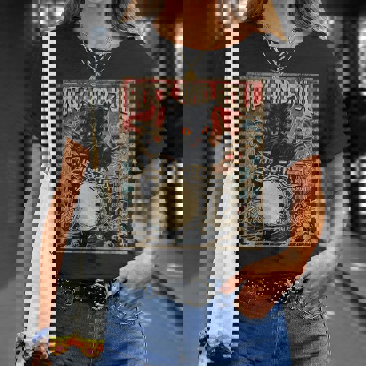 猫 演奏 ドラム ロック オン ヴィンテージ ロック ドラマー 猫 長袖tシャツ Tシャツ 彼女への贈り物