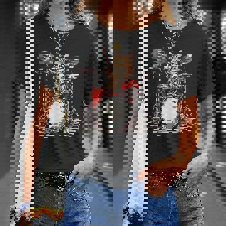 猫太鼓ドラムスティックかわいい猫と音楽 Tシャツ 彼女への贈り物