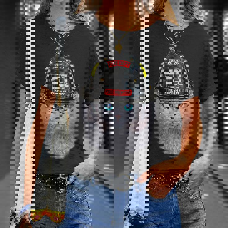 白いペルシャ猫 ねこ 消防士 Tシャツ 彼女への贈り物