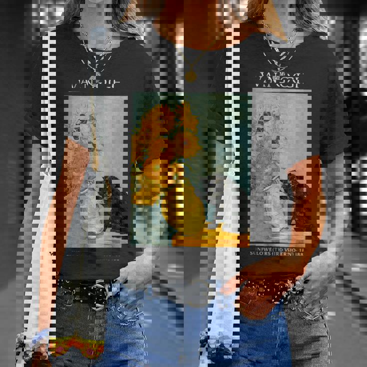 面白いゴッホ風変わりな猫とひまわりの花瓶パロディアート Tシャツ 彼女への贈り物