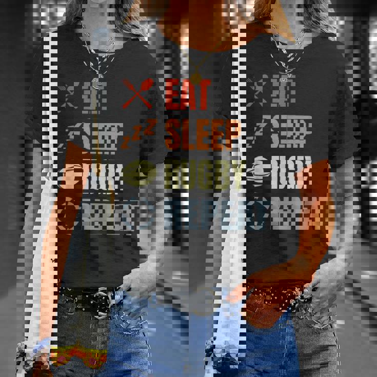 食べる寝るラグビーリピートラグビーコーチチームスポーツ Tシャツ 彼女への贈り物