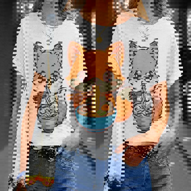 かわいいキツネを食べるラーメンかわいい動物アート Tシャツ 彼女への贈り物