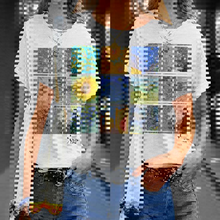 ひまわりと星月夜のゴッホ絵画コラージュ Tシャツ 彼女への贈り物