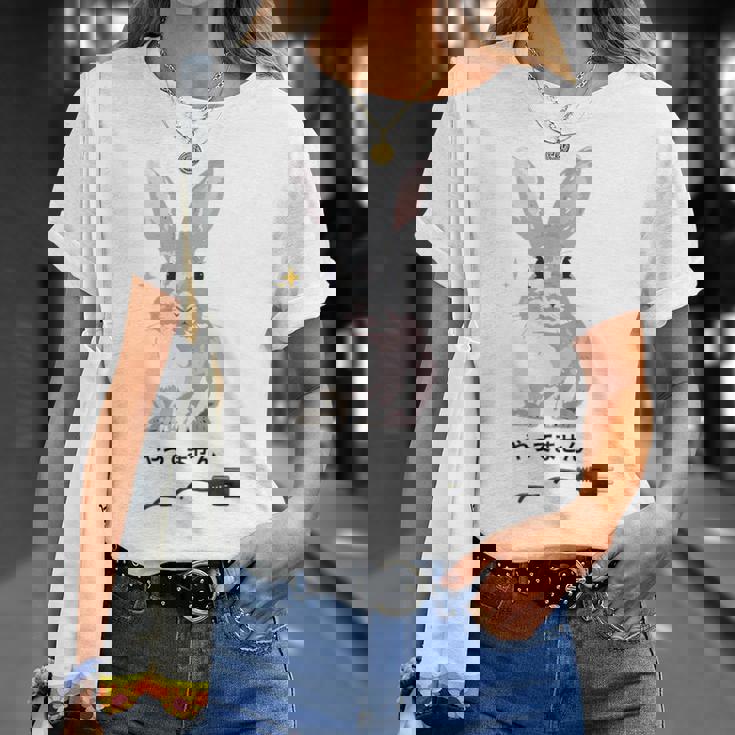 やってませんうさぎ 「I Didn't Do It」 いたずらウサギ 電源コード 面白いデザイン 黒文字 Tシャツ 彼女への贈り物