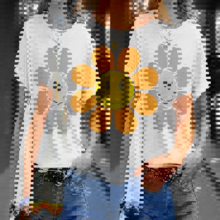オレンジ70年代レトロファンキーフラワー、イエロースマイルフェイス Tシャツ 彼女への贈り物