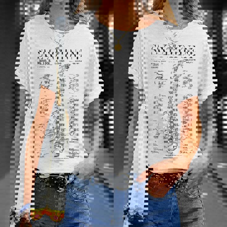 サックス オールド ヴィンテージ 特許 図面 プリント Tシャツ 彼女への贈り物