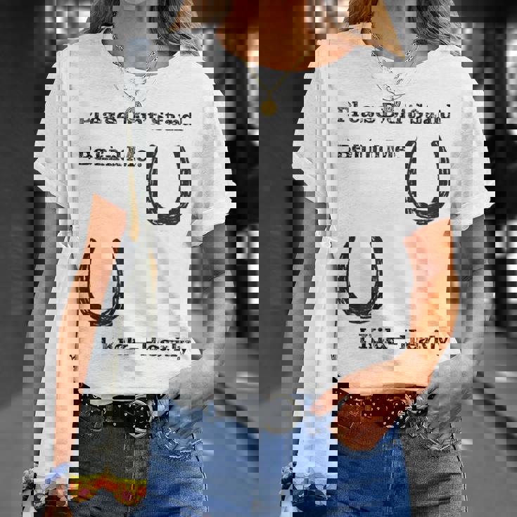 後蹴りに注意 蹄鉄 馬好き 馬術部 キッズ 大人 親子ペア バックプリント Tシャツ 彼女への贈り物