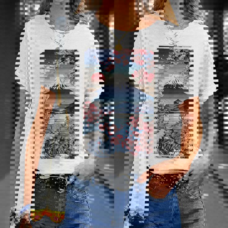 日本の桜庭 芸者 富士山 桜 木 Tシャツ 彼女への贈り物