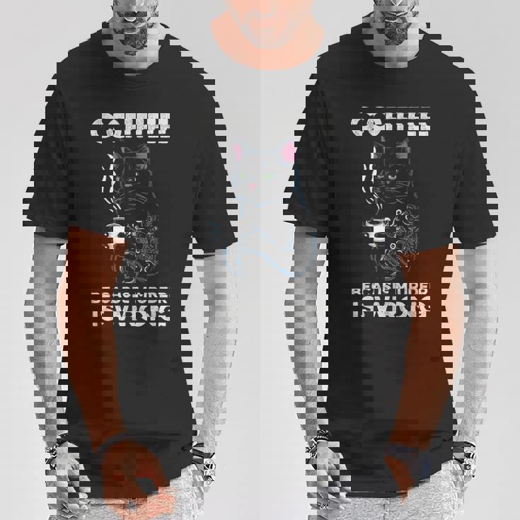 Black Cat Drinking Coffee Because Murder Is Wrong Retro For Women T-Shirt Unique Gifts Black Cat Drinking Coffee Because Murder Is Wrong Retro For Women T-Shirt Unique Gifts