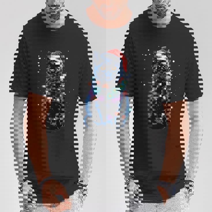 Chat Noir Guirlande Lumineuse Du Père Noël Chat Du Père Noël Manche Longue T-Shirt Cadeaux drôles